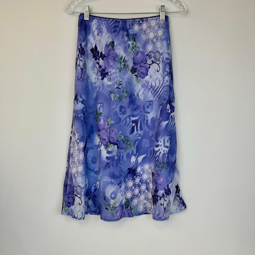 Connected Apparel Y2K A-Line Slip Skirt Blue Floral Multi Print Midi Sz M Lined